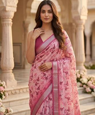 Pink color smart and ethnic linen silk floral printed saree 3