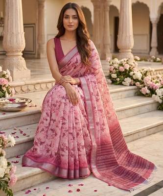 Pink color smart and ethnic linen silk floral printed saree 4