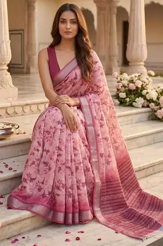 Pink color smart and ethnic linen silk floral printed saree