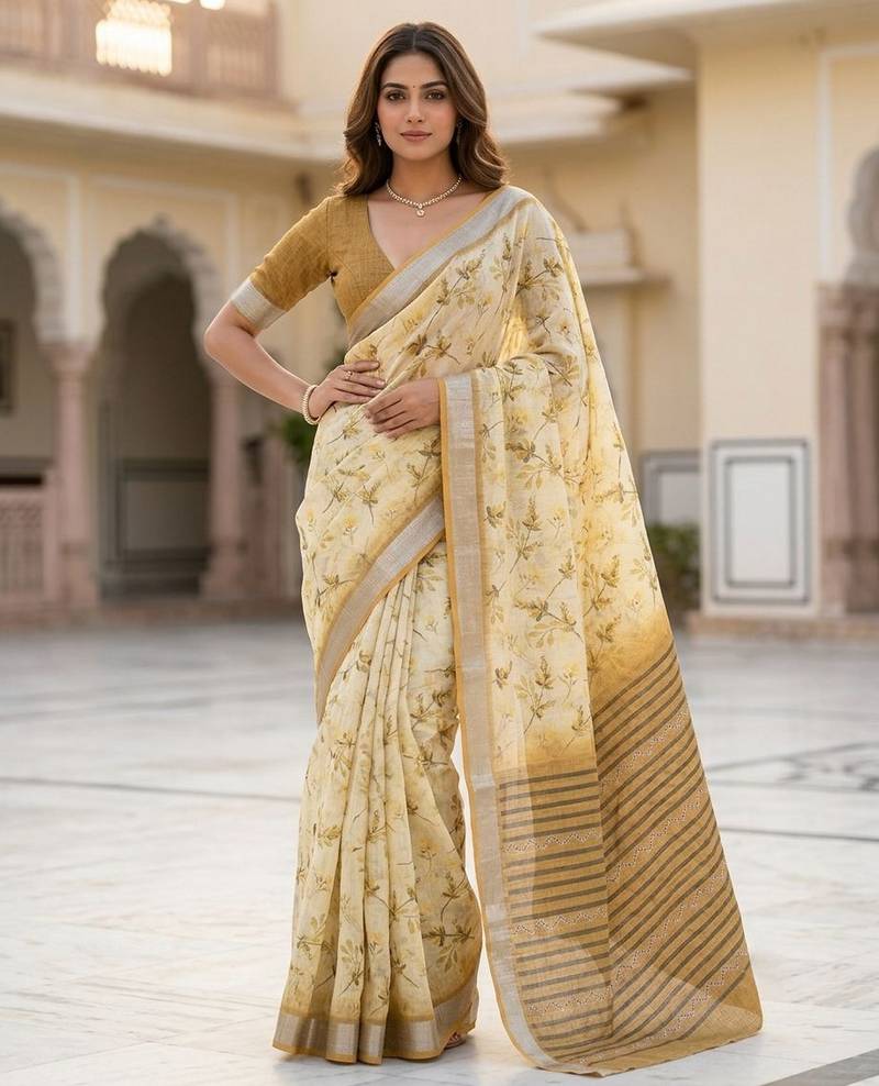 Yellow color smart and ethnic linen silk floral printed saree