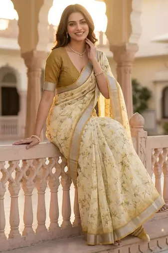 Yellow color smart and ethnic linen silk floral printed saree