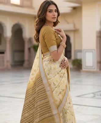 Yellow color smart and ethnic linen silk floral printed saree 3