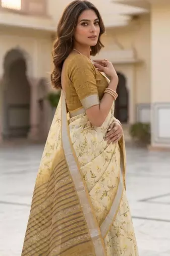 Yellow color smart and ethnic linen silk floral printed saree