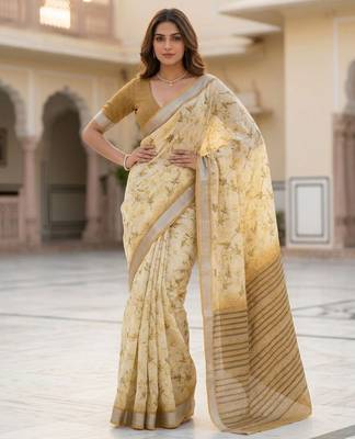 Yellow color smart and ethnic linen silk floral printed saree 4