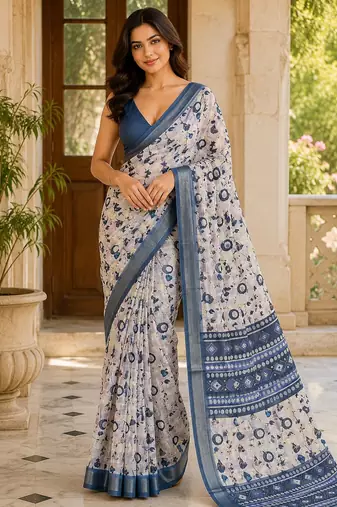 Blue color smart and ethnic linen silk floral printed saree