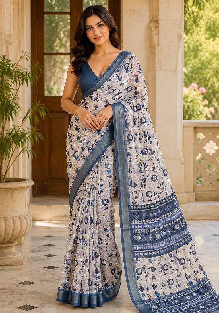 Blue color smart and ethnic linen silk floral printed saree