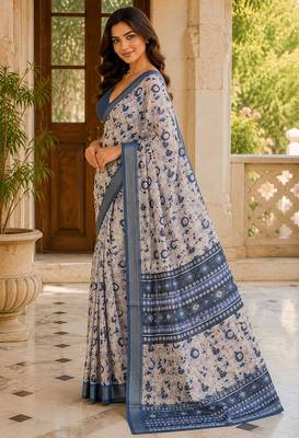 Blue color smart and ethnic linen silk floral printed saree 2