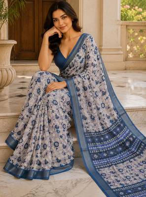 Blue color smart and ethnic linen silk floral printed saree 4