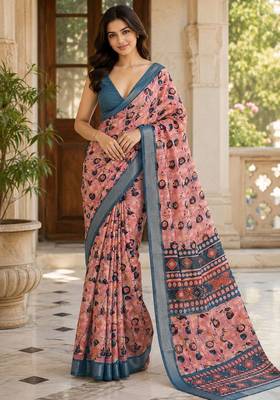 Peach color smart and ethnic linen silk floral printed saree 1