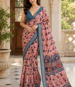 Peach color smart and ethnic linen silk floral printed saree