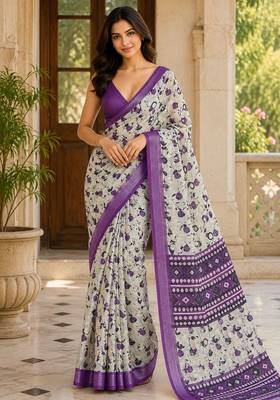 Purple color smart and ethnic linen silk floral printed saree 1