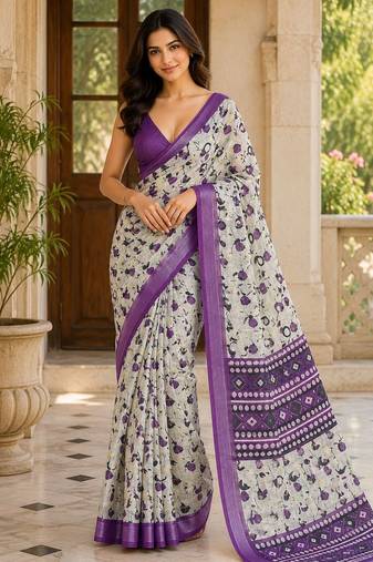 Purple color smart and ethnic linen silk floral printed saree
