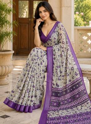 Purple color smart and ethnic linen silk floral printed saree 3