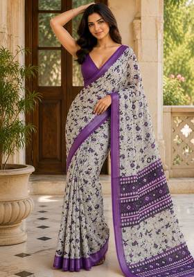 Purple color smart and ethnic linen silk floral printed saree 4