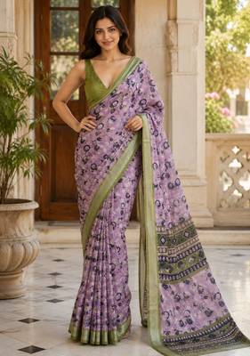 Lavender color smart and ethnic linen silk floral printed saree 1