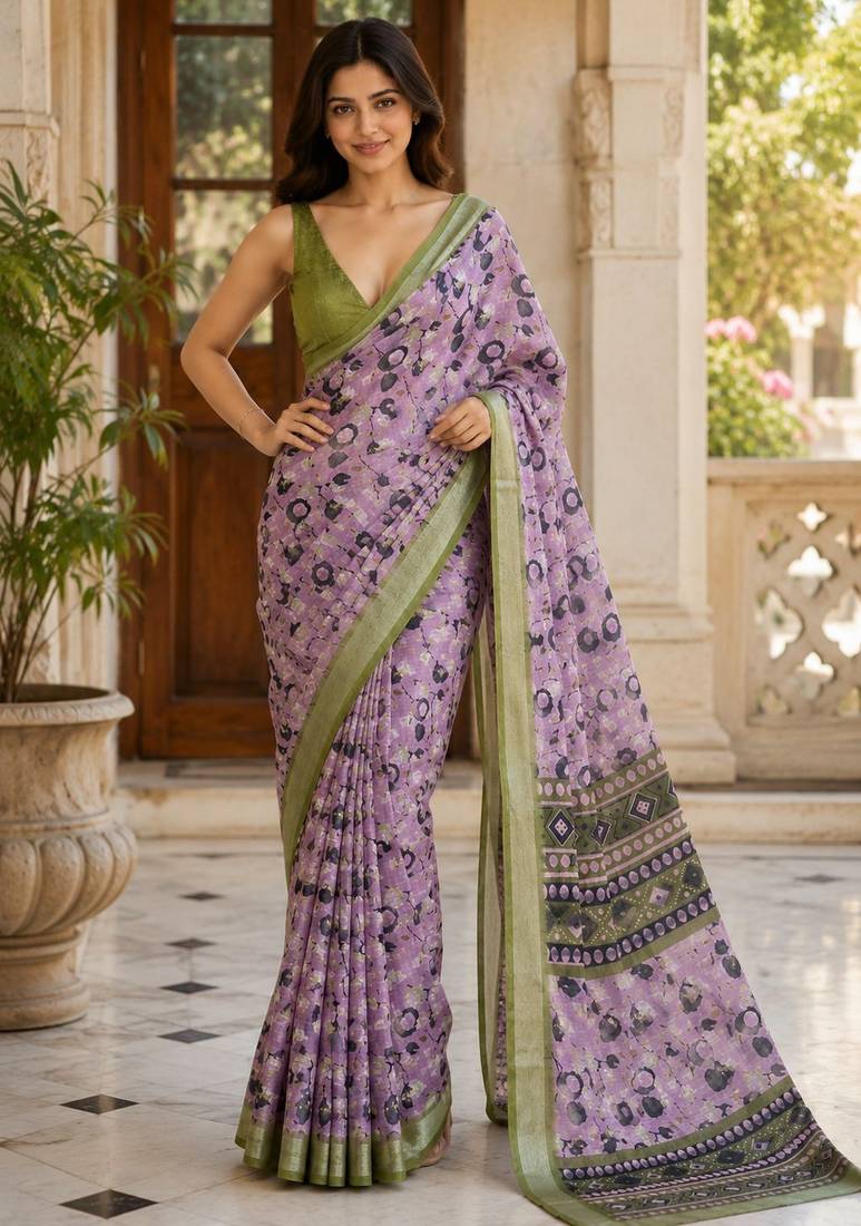 Lavender color smart and ethnic linen silk floral printed saree