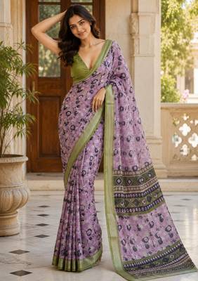 Lavender color smart and ethnic linen silk floral printed saree 3