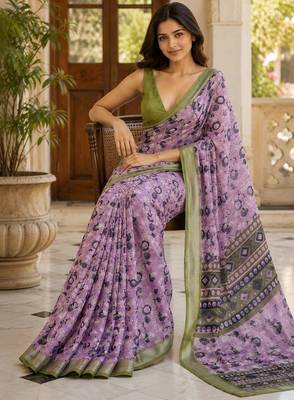 Lavender color smart and ethnic linen silk floral printed saree 4
