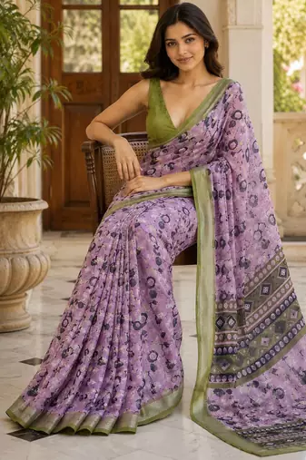 Lavender color smart and ethnic linen silk floral printed saree