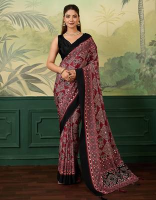 Maroon color beautiful chinon silk saree with smart print designer and mirror work 1