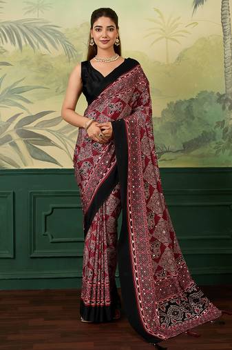 Maroon color beautiful chinon silk saree with smart print designer and mirror work