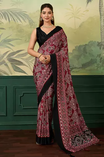 Maroon color beautiful chinon silk saree with smart print designer and mirror work