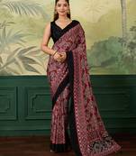 Maroon color beautiful chinon silk saree with smart print designer and mirror work