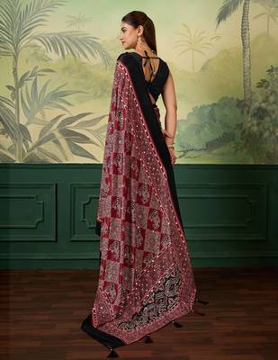 Maroon color beautiful chinon silk saree with smart print designer and mirror work 2