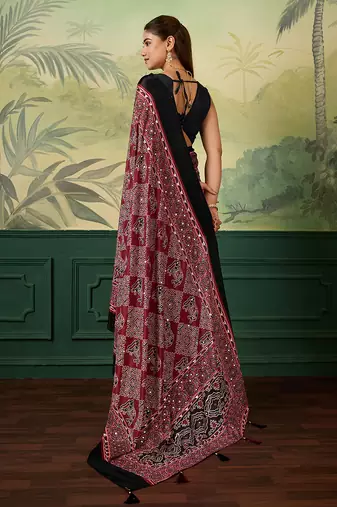 Maroon color beautiful chinon silk saree with smart print designer and mirror work