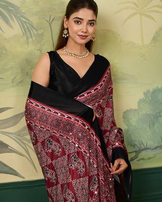 Maroon color beautiful chinon silk saree with smart print designer and mirror work 3