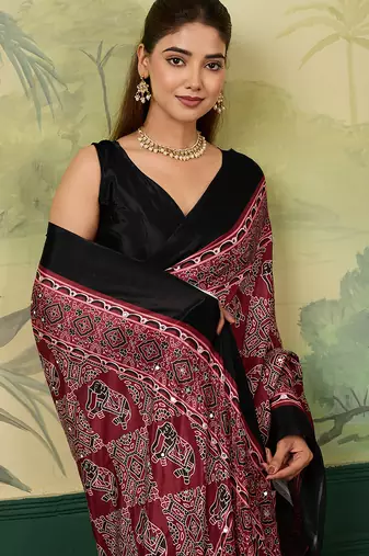 Maroon color beautiful chinon silk saree with smart print designer and mirror work
