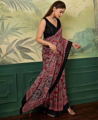 Maroon color beautiful chinon silk saree with smart print designer and mirror work 4
