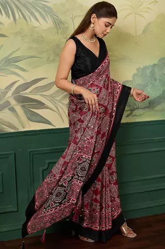 Maroon color beautiful chinon silk saree with smart print designer and mirror work