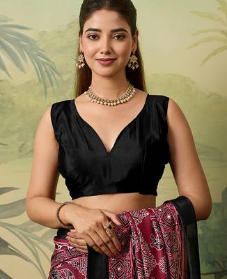Maroon color beautiful chinon silk saree with smart print designer and mirror work 5