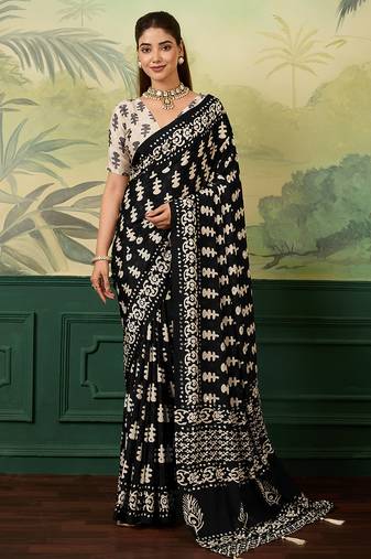 Black color beautiful chinon silk saree with smart print designer and mirror work