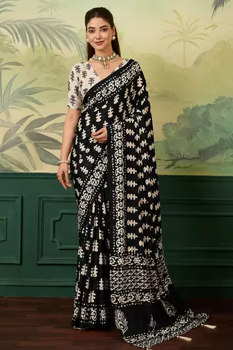Black color beautiful chinon silk saree with smart print designer and mirror work