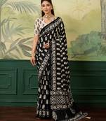 Black color beautiful chinon silk saree with smart print designer and mirror work