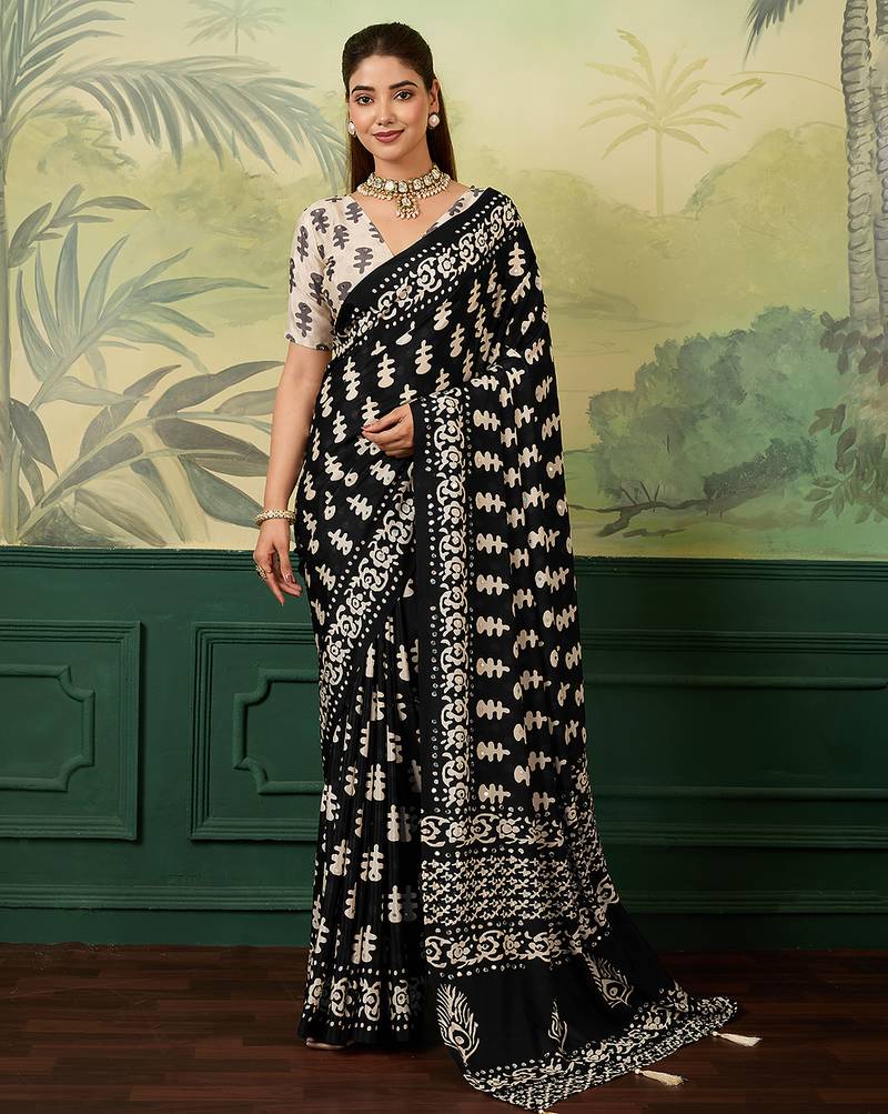 Black color beautiful chinon silk saree with smart print designer and mirror work