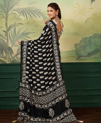 Black color beautiful chinon silk saree with smart print designer and mirror work 2