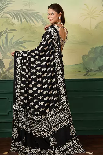 Black color beautiful chinon silk saree with smart print designer and mirror work