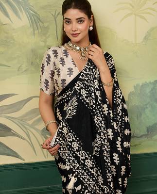 Black color beautiful chinon silk saree with smart print designer and mirror work 3