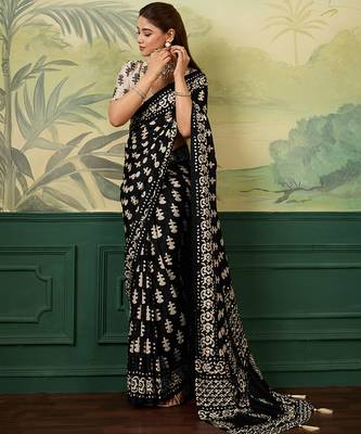 Black color beautiful chinon silk saree with smart print designer and mirror work 4