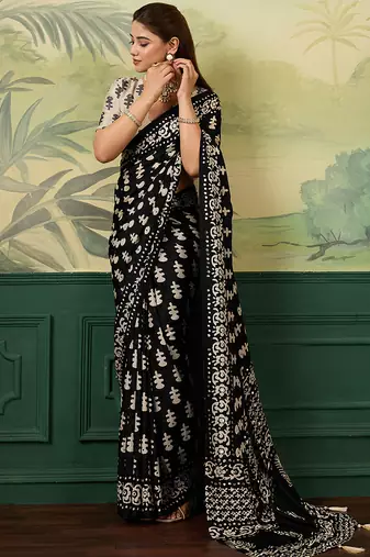Black color beautiful chinon silk saree with smart print designer and mirror work