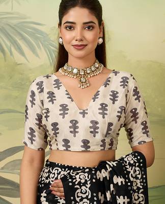 Black color beautiful chinon silk saree with smart print designer and mirror work 5