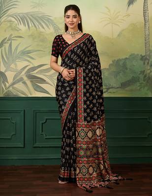 Black color beautiful chinon silk saree with smart print designer and mirror work 1