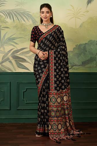Black color beautiful chinon silk saree with smart print designer and mirror work