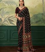 Black color beautiful chinon silk saree with smart print designer and mirror work