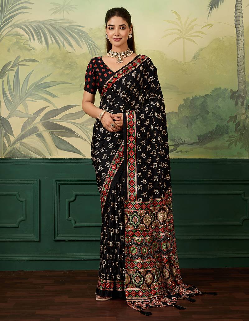 Black color beautiful chinon silk saree with smart print designer and mirror work