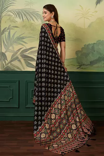 Black color beautiful chinon silk saree with smart print designer and mirror work
