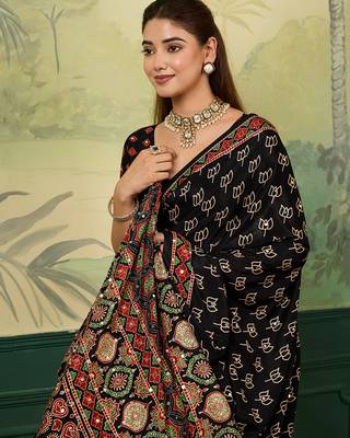 Black color beautiful chinon silk saree with smart print designer and mirror work 3